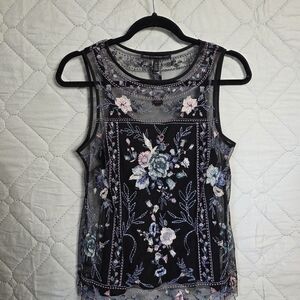 WHBM Embroidered Mesh Floral Tank Top - Black with Pastel Floral